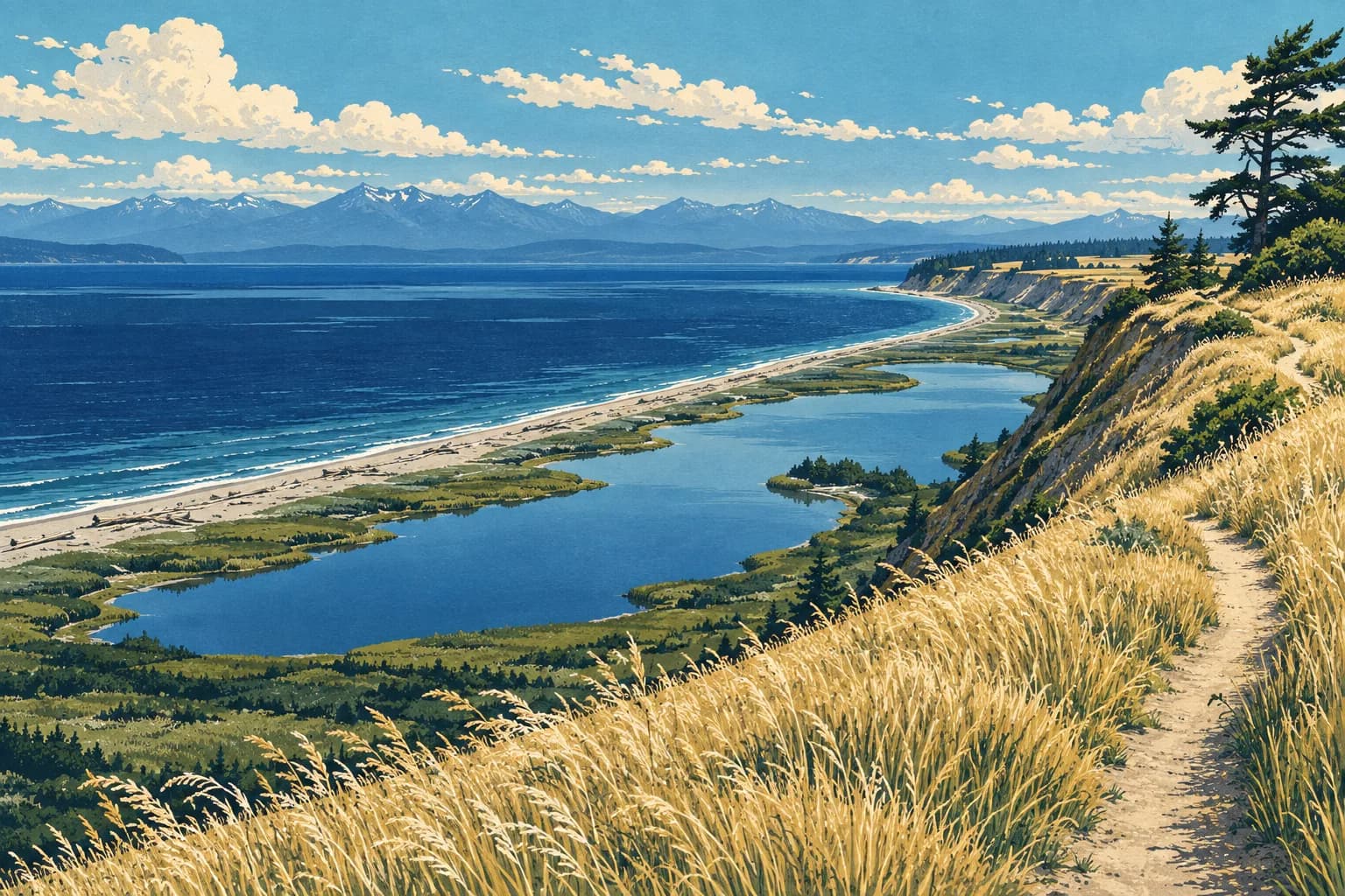 Illustration of Ebey's Landing, with grassy bluffs and the lagoon beside Admiralty Inlet.